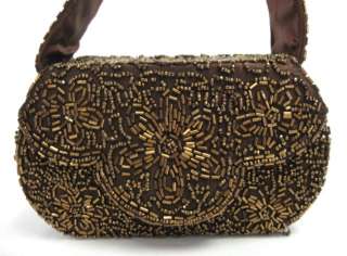 DESIGNER Brown Satin Beaded Evening Bag Handbag  