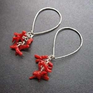    Sterling Silver Earrings Long Ear Wires with Red Coral Jewelry