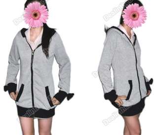 Womens Cute Bunny Ear Hoodie Coat Sherpa Jacket With Bows 4 Colors 