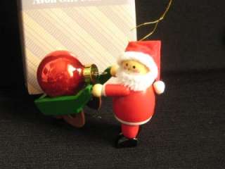   1980s NIB Wood Santa Christmas Ornament Red Ball Wheelbarrow  