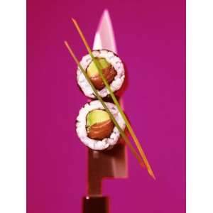 Two Maki Sushi with Avocado and Salmon on Knife Premium Photographic 