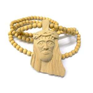 Natural Wooden 3D Jesus Pendant with a 36 Inch Beaded Necklace Chain 